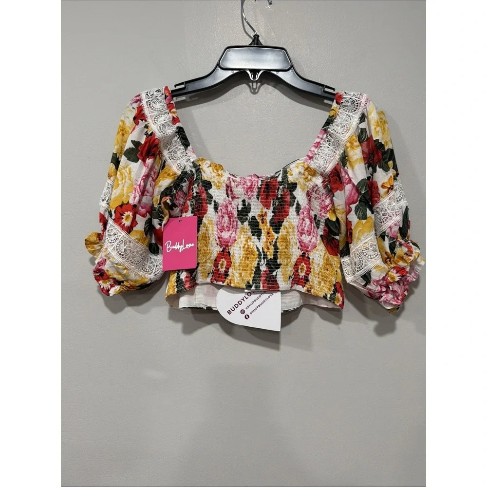 Buddy Love NWT Girls Medium 2piece Set Floral 100% Cotton Lace Trim Puff Sleeve